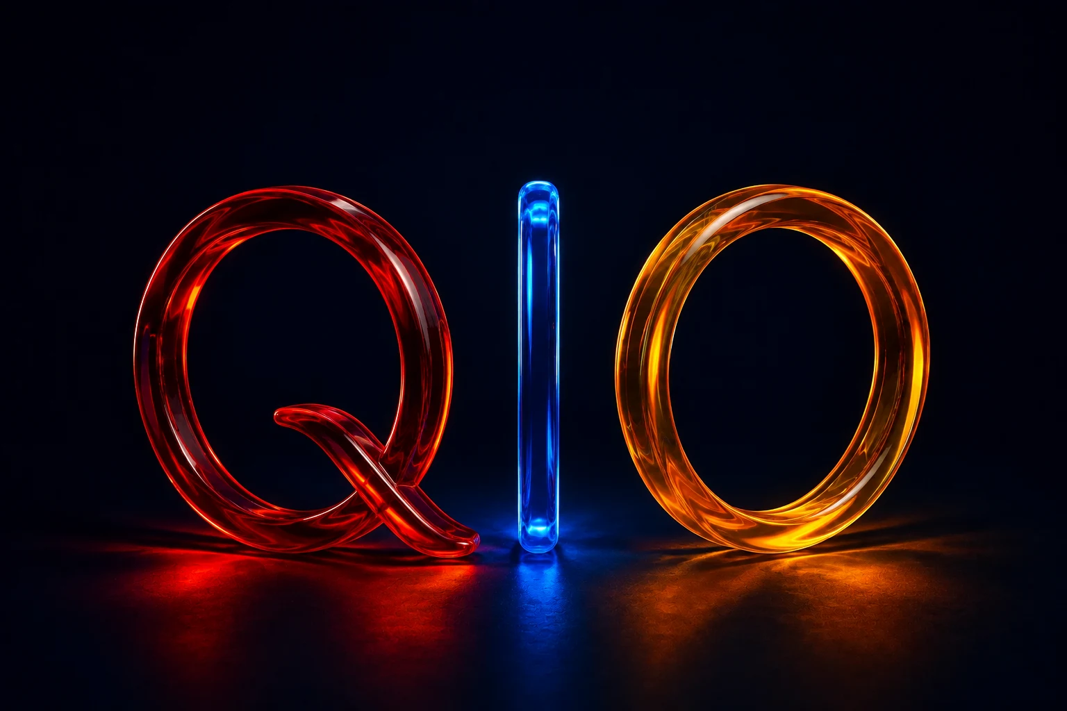 The QIO mark in glass: a red Q, a blue I and an amber O, lit on black.